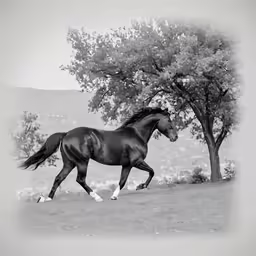 a horse galloping on the grass beside a tree