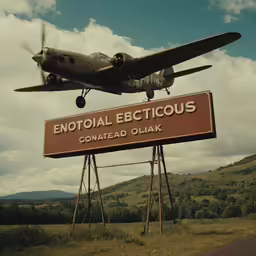 a small propeller airplane flying over a large sign with a caption