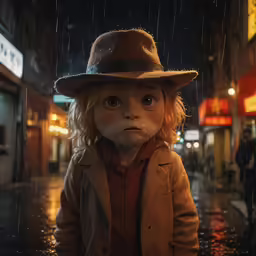 the doll is wearing a hat on a city street