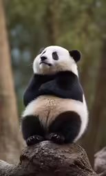 a large black and white panda sitting on a tree branch