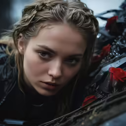 a woman with a braid is looking into the camera