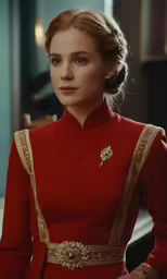 a woman wearing a red and gold costume
