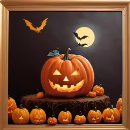a large pumpkin is on a small stump surrounded by smaller pumpkins