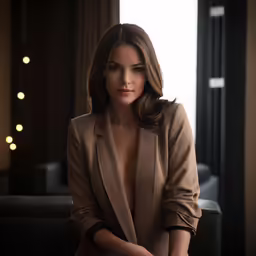 a woman wearing a brown suit is posing for a picture