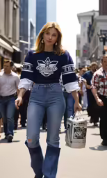 the woman walks down the street in high rise jeans