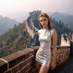 a beautiful woman in silver posing for the camera on a balcony
