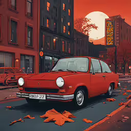 a red car parked on the side of the street,an illustration of a red vintage car parked on the side of the road