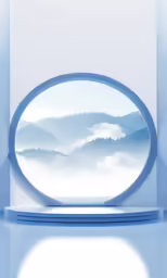 a circular window sitting above a blue fog filled mountain