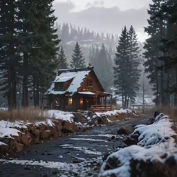 snow covered trees, rocks, and a small cabin by a stream