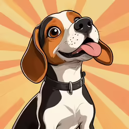 a beagle dog in front of an orange background