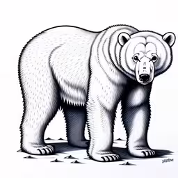 a white polar bear with black and white markings,a black and white drawing of a polar bear,drawing of a polar bear with the word love in its mouth,a white bear that is standing up in the dirt,a drawing of a bear with white markings