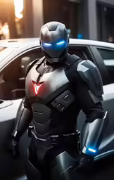 an astronaut dressed as a robot stands in front of a car