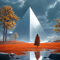 a woman is standing in the reflection of a pyramid