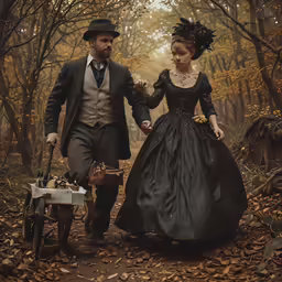 man and woman walking through the forest dressed in old fashion