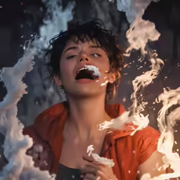 a girl with smoke coming from her mouth in the midst of smoke