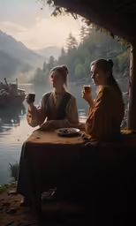 two women are sitting down together drinking tea