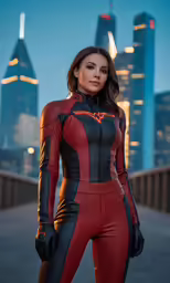 the woman is wearing a red and black suit