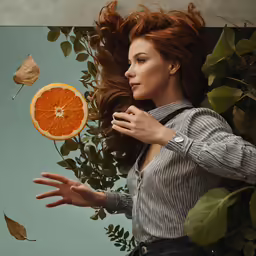 a woman holding an orange and tossing it over her face
