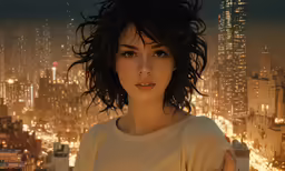 a beautiful young woman with dark hair is posing in the city