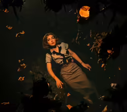 a woman standing in the woods with butterflies