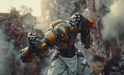 a sci - fiish fighter looks down in the midst of his surroundings