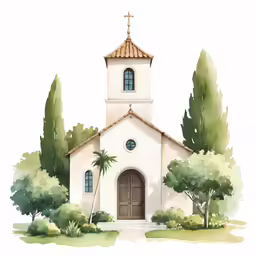 a watercolor painting of a small church with a cross on top