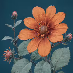 a large orange flower in a bouquet with many green leaves,a picture of an orange flower on blue background