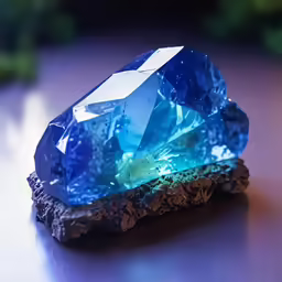 two blue diamonds sit on a table with a dark background