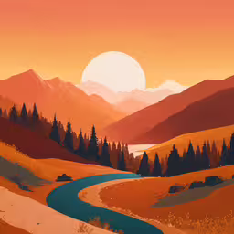 the sun is setting over a valley with some trees,a painting of a river winding into the sun