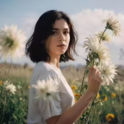 the woman holds out flowers on her hands