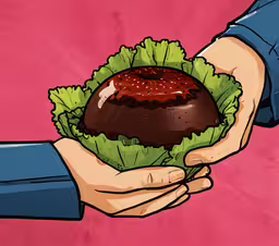a person with an ice cream sundae in their hands,a person holding a piece of lettuce covered in a chocolate cake