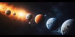 a group of planets in the space with sun glaring