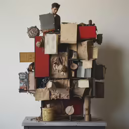 a boy stands on a chair built from boxes and magnets