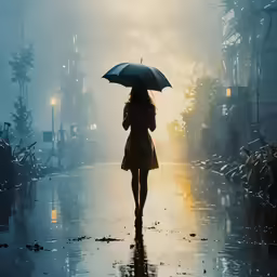 a woman walks down the street with an umbrella