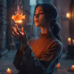 the woman holds a burning match in her hands