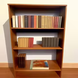 a bookcase holding several different types of books,a book shelf with two books and other books,a bookshelf is shown with many books,books sit atop a wooden book shelf,a bookshelf sitting on top of a wooden floor