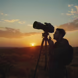 a man holding a camera and taking pictures at sunset