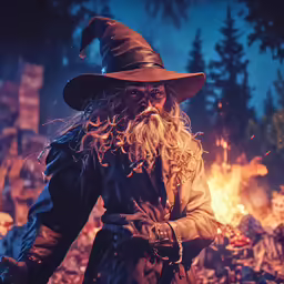 a wizard standing on a pile of logs