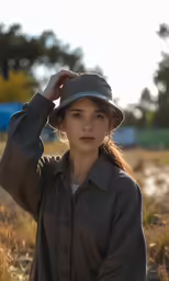 woman posing in a field wearing a hat
