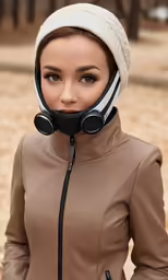 young woman with headphones on wearing warm clothing