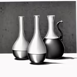 three silver vases are in line as they have black and white paint