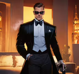 a man wearing a suit and sunglasses holding a gun,a man in a black suit and bow tie holding a gun