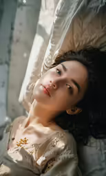 an oriental woman laying in bed and smiling