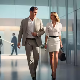 man and woman dressed in suits walking on a grey carpet