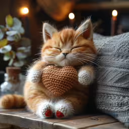 there is a small kitten with his head on a stuffed heart,a small orange and white kitten laying on top of a couch