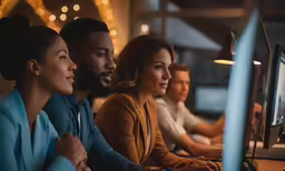 three women and two men working on computers
