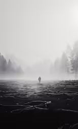 a person stands in a field surrounded by snow