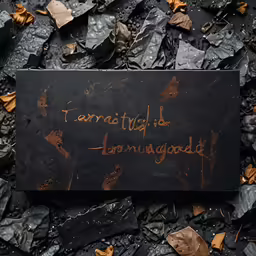 the inscription is written on a black sign surrounded by rubble
