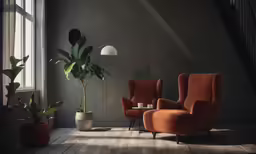 a living room filled with furniture and a lamp
