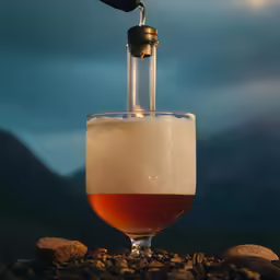 a person pours liquid from a bottle into a glass